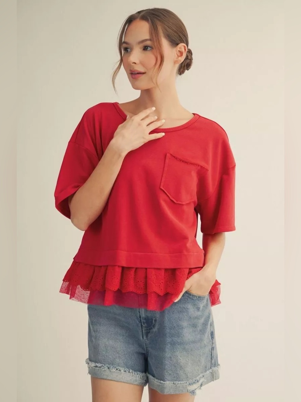 JODIFL Short Sleeve Red Layered Pocket Tee Ruffle Hem NWOT Small